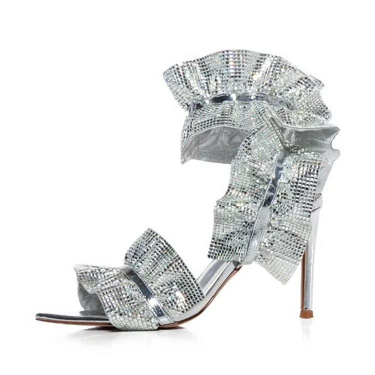 Open Toe Rhinestone Ruffle Stiletto Heeled Sandals in Silver |FSJ Shoes