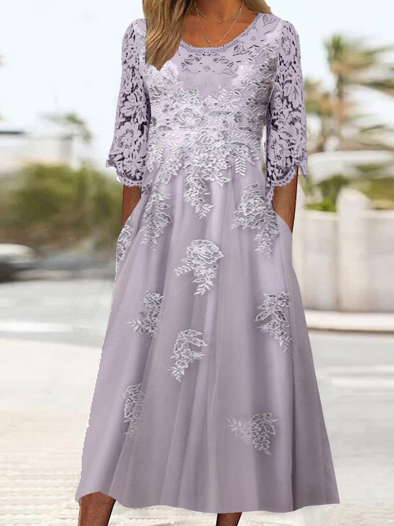 Women's 3/4 Sleeve Scoop Neck Floral Printed Lace Stitching Midi Dress