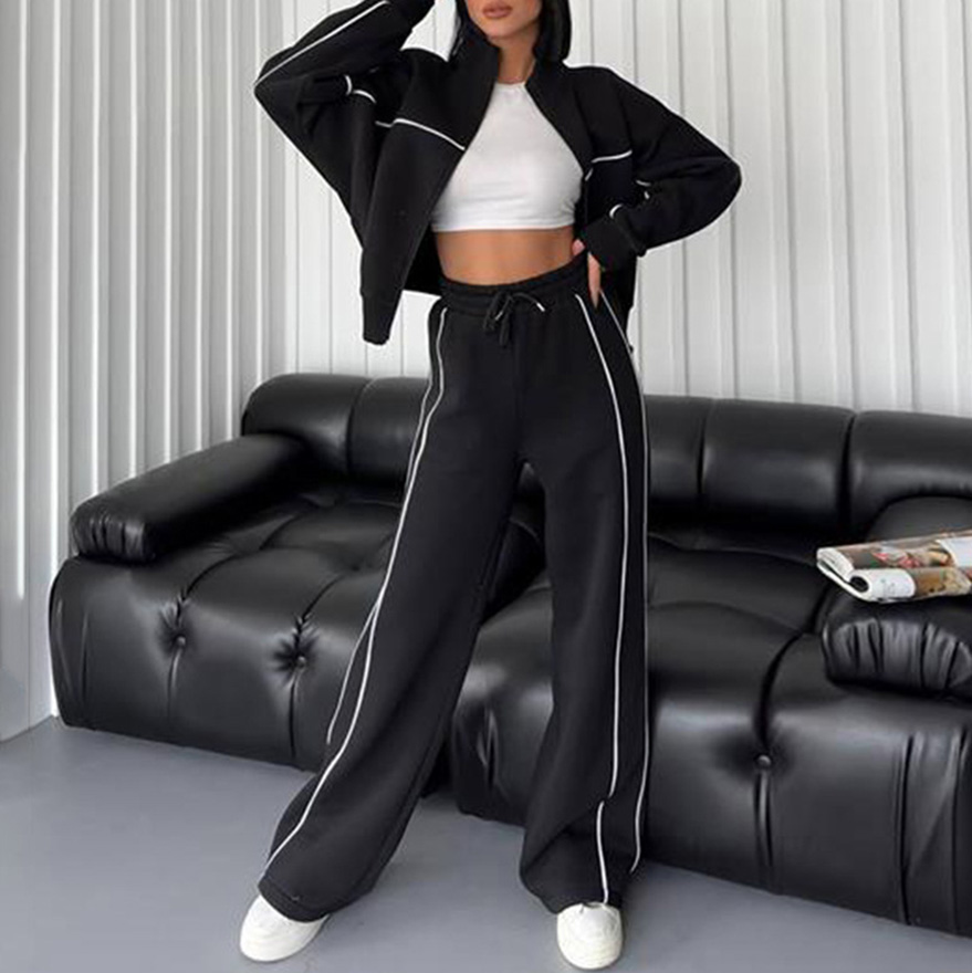 Casual Set Long Sleeve Half High Neck Cardigan Sweatshirt Lace Up Striped Pants