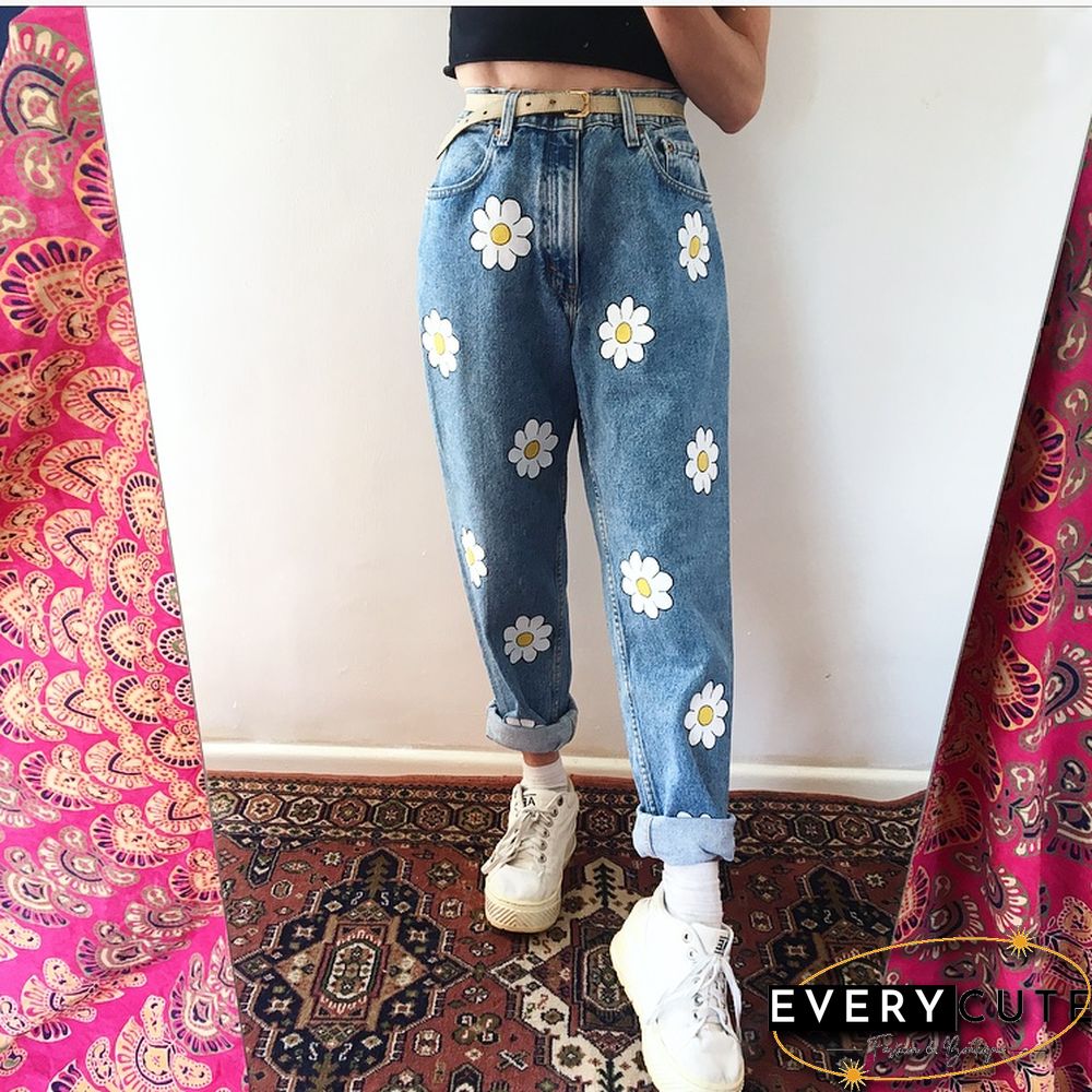 Fashion Flower Print Loose Jeans