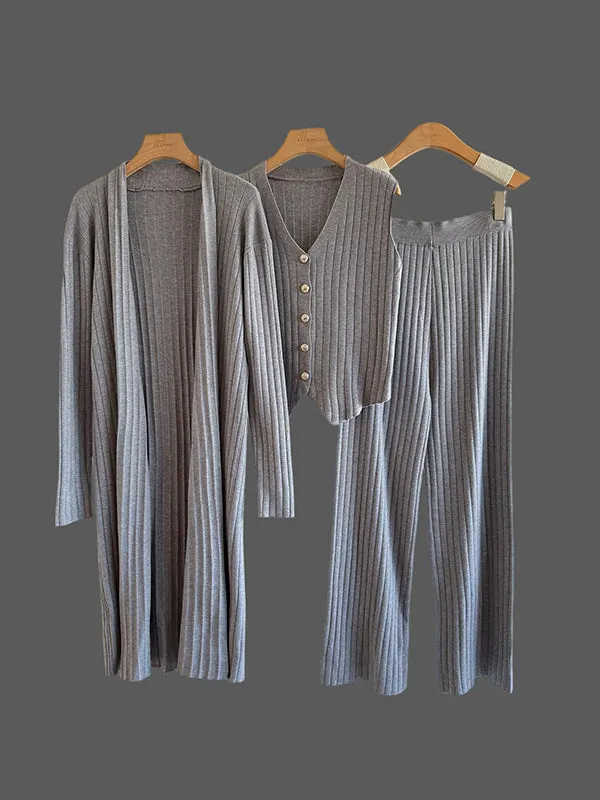 Knitting Sleeveless V-Neck Vest Top +  Long Sleeves Cardigan + High Waisted Pants Three Pieces Set