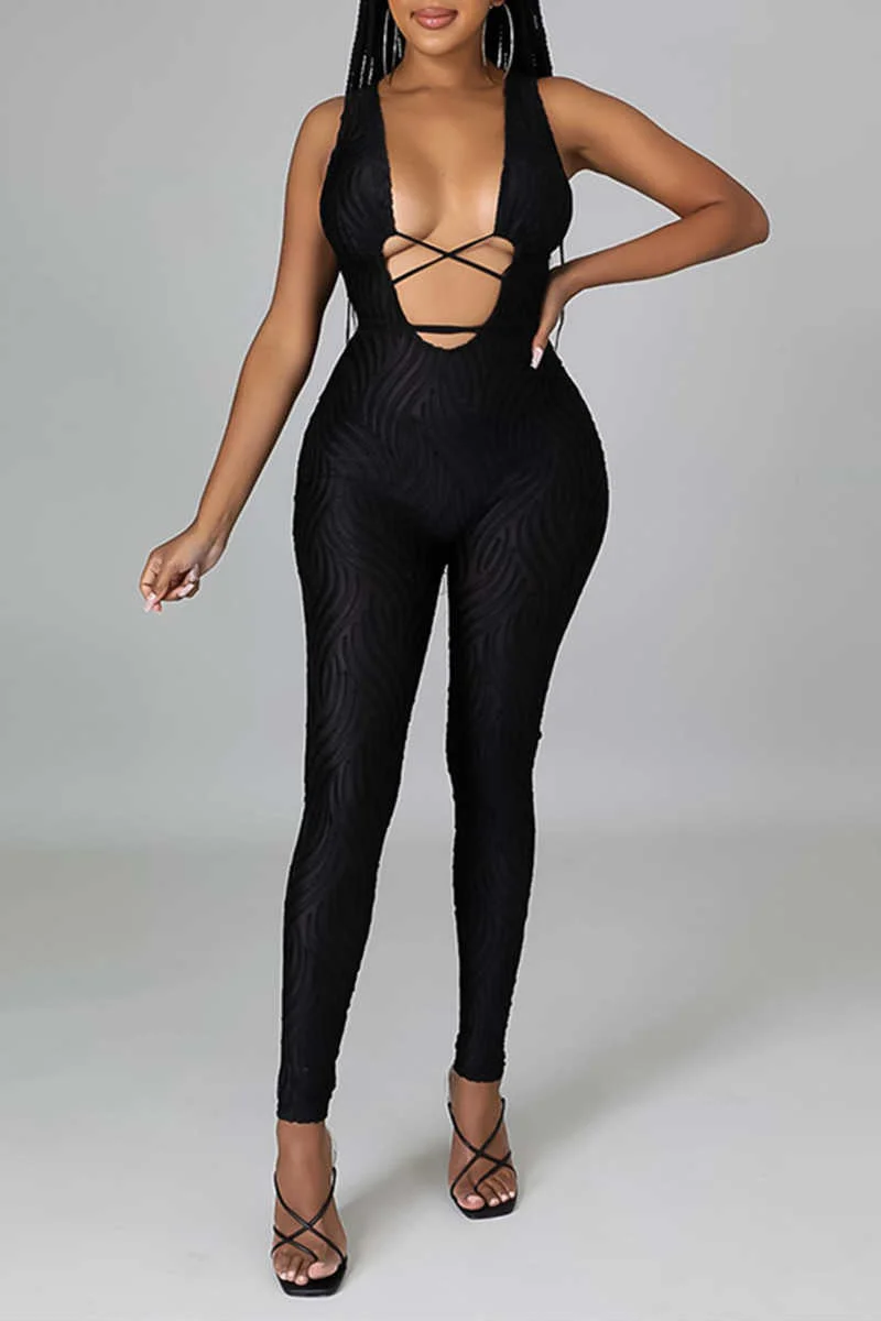 Sexy Casual Print Hollowed Out V Neck Skinny Jumpsuits