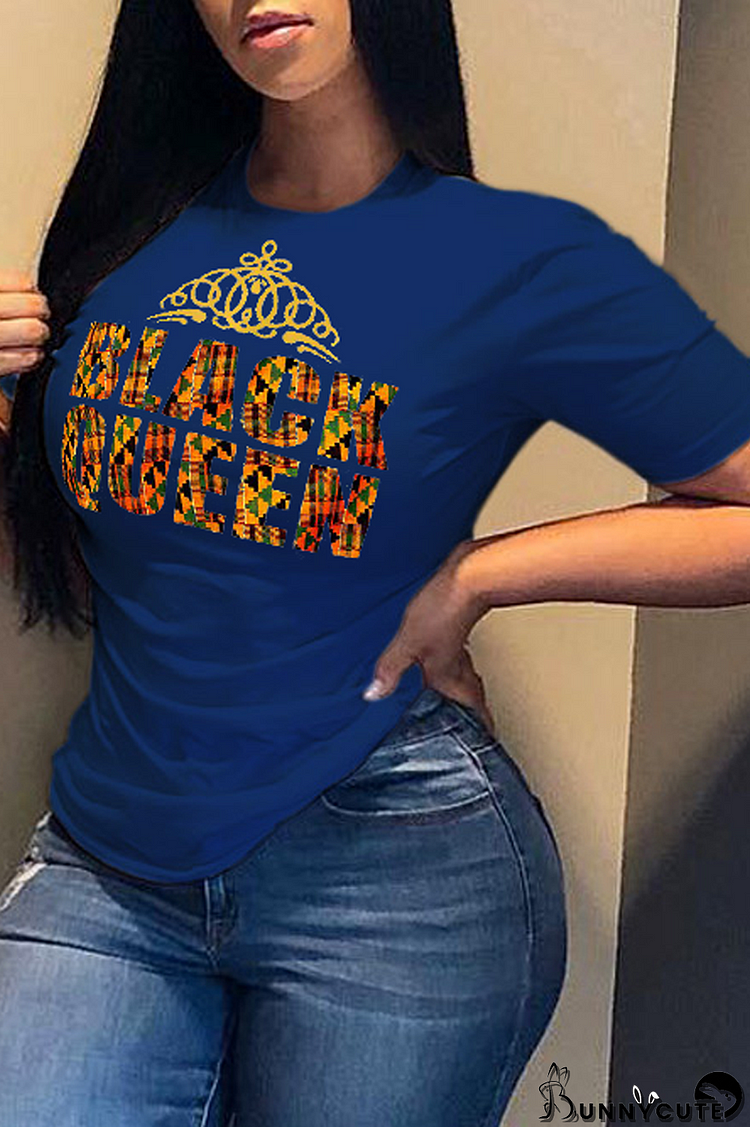 Navy Blue Fashion Street Print Split Joint Letter O Neck T-Shirts