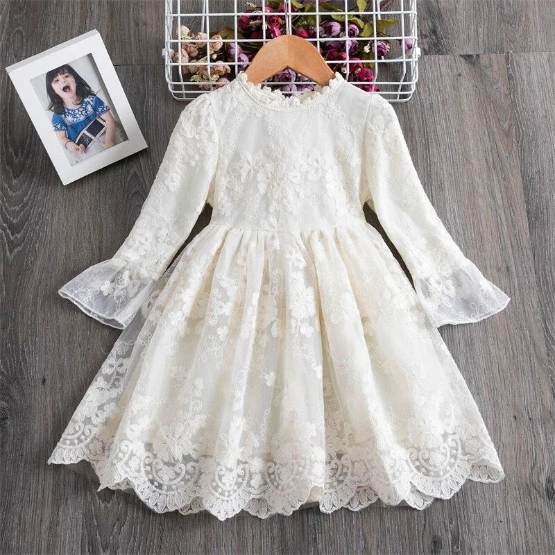 Autumn Winter Long Sleeves Kids Dresses For Girls Casual Clothes Floral Princess Dress Lace Mesh Girls Dress Children's Clothing