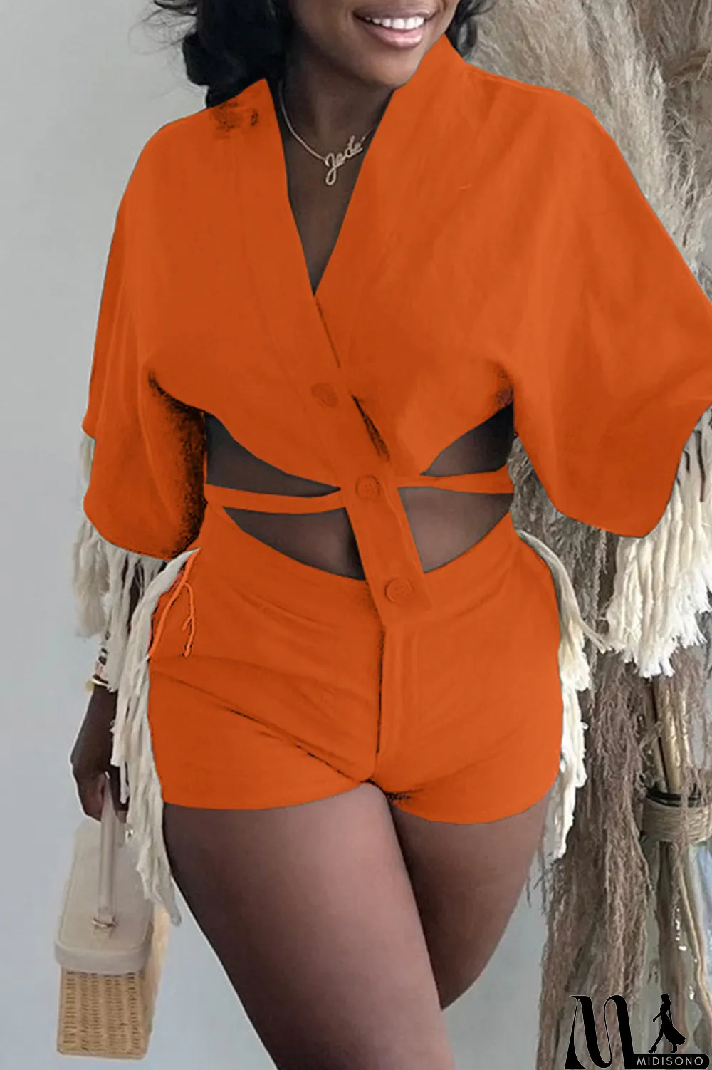 MidiSono - Orange Fashion Casual Solid Tassel Split Joint Frenulum V Neck Half Sleeve Two Pieces