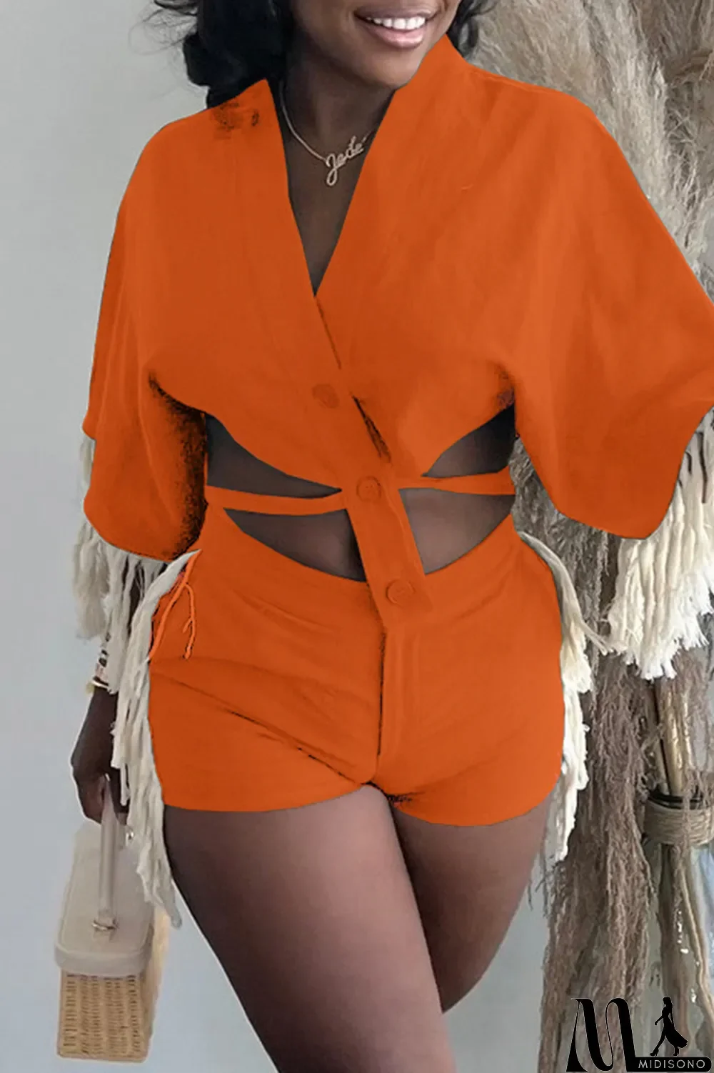 MidiSono - Orange Fashion Casual Solid Tassel Split Joint Frenulum V Neck Half Sleeve Two Pieces