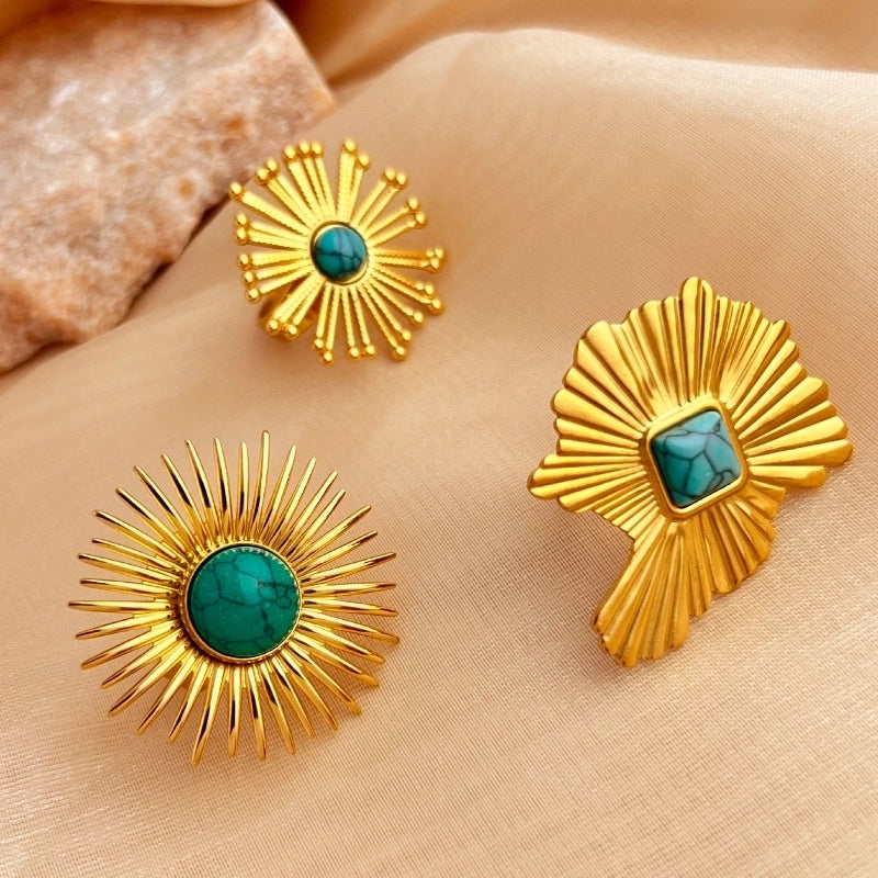 Casual Retro Minimalist Sun 304 Stainless Steel Turquoise 18K Gold Plated Inlay Open Rings
