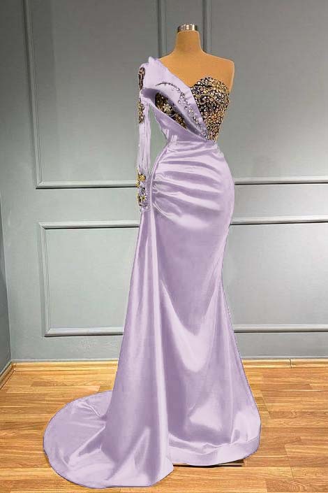Daisda Dark Blue Long Sleeve One Shoulder Mermaid Prom Dress With beads