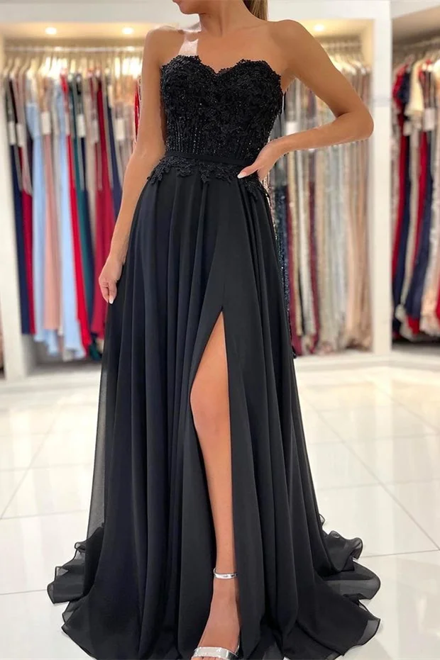Black Sweetheart Prom Dress Appliques With Split PD0423