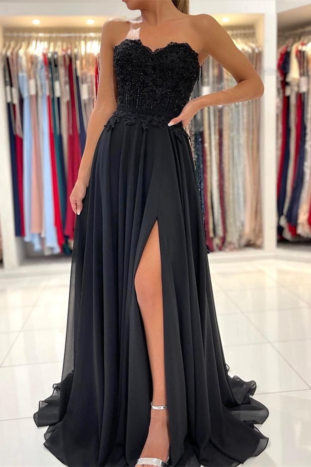 Bellasprom Black Chiffon Prom Dress Appliques With Split Sweetheart