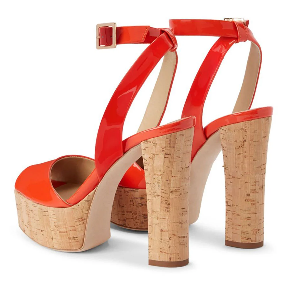 Red Patent Platform Peep Toe Chunky Heel Ankle Strap Summer Sandals