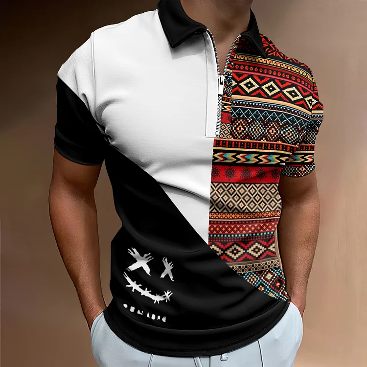BrosWear Men's Ethnic Geometric Funny Face Pattern Polo Shirt