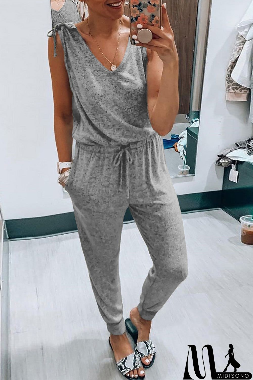 MidiSono - V Neck Tied Drawstring Sleeveless Jumpsuit