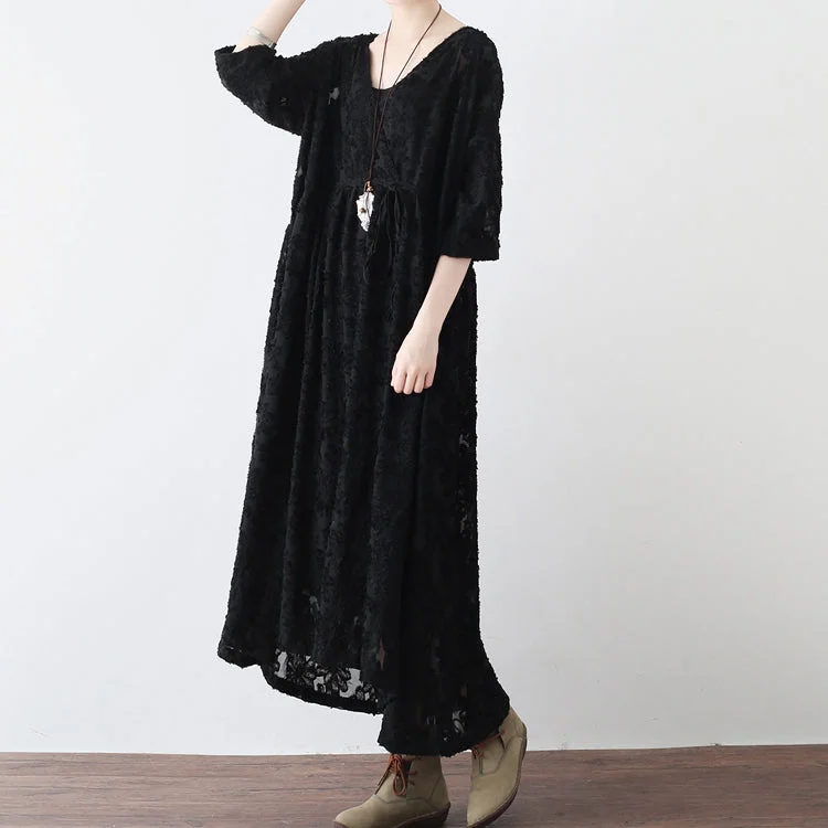 black cross neck lace dresses plus size lace caftans tunic high waist design