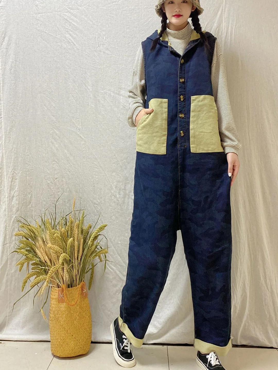 Women's Loose Sleeveless Hooded Casual Retro Wide-leg Workwear Denim Overalls Jumpsuit