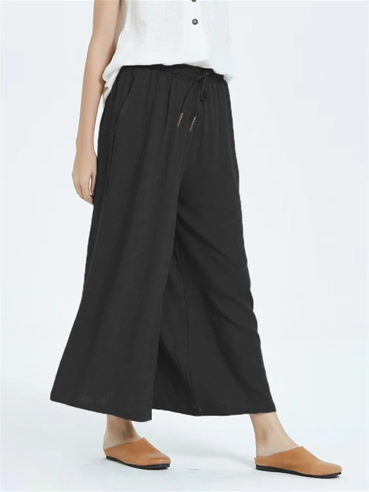 Women's Cotton Linen Loose Casual Wide Leg Cropped Pants