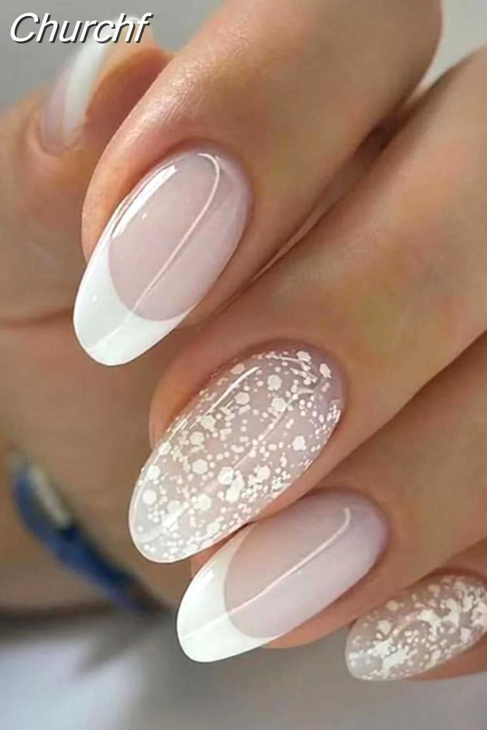 Churchf Simple False Nails Set White French Almond Fake Nails With Designs Press On Nails Manicure Full Cover Nail Tips-Nail Inspo