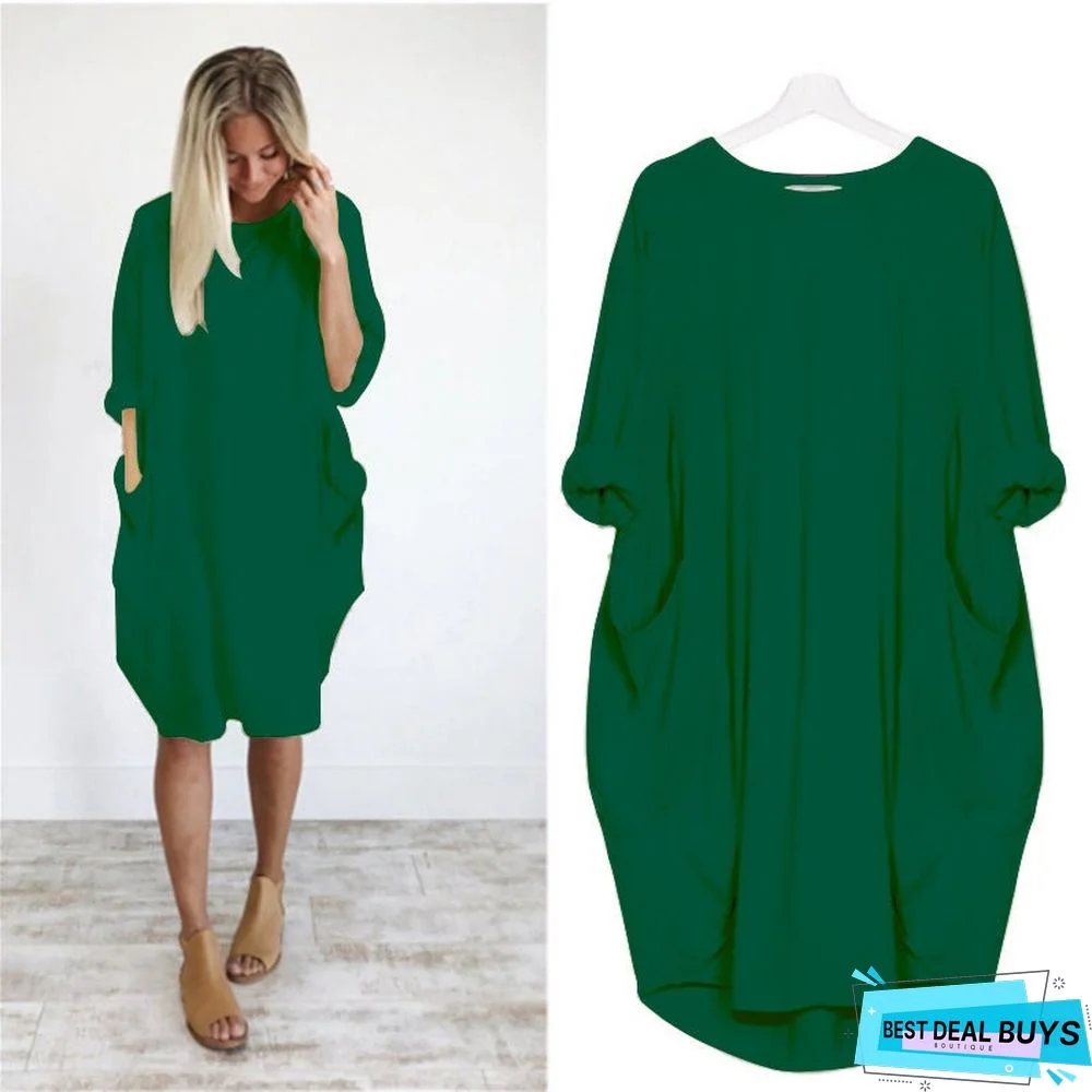Women's Casual Loose Pocket Long-Sleeved Plus-Size Dress