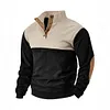 Men's Corduroy Sweatshirt Color Block Stand Collar Quarter Button Pullover with Elbow Patches by Inlyline