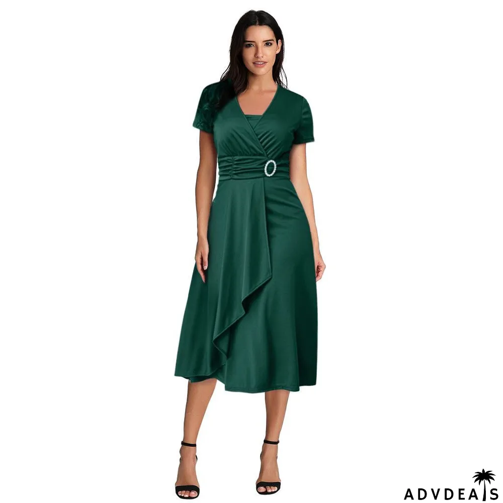 Women Summer Solid V Neck Asymmetric Midi Dress