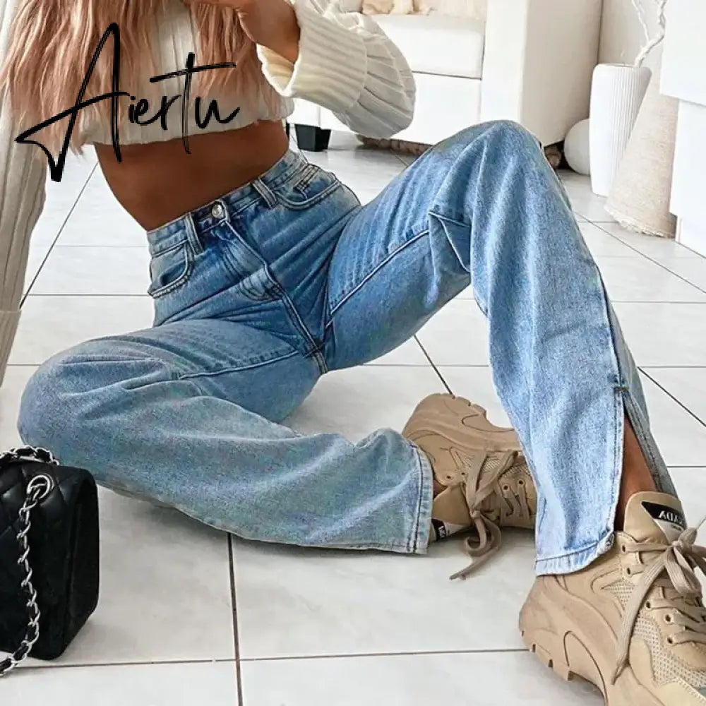 Women Casual High Waist Solid Straight Jeans Side Split Blue Denim Trousers Solid Streetwear Jeans Baggy Pants Pantalons Capris Aiertu