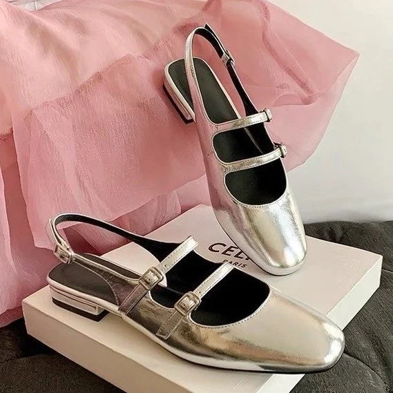 Churchf Churchf Vintage Double Buckle Silver Mary Jane Shoes Spring / Summer 2024 New Flat Low Heel Baotou Back Empty Sandals Woman