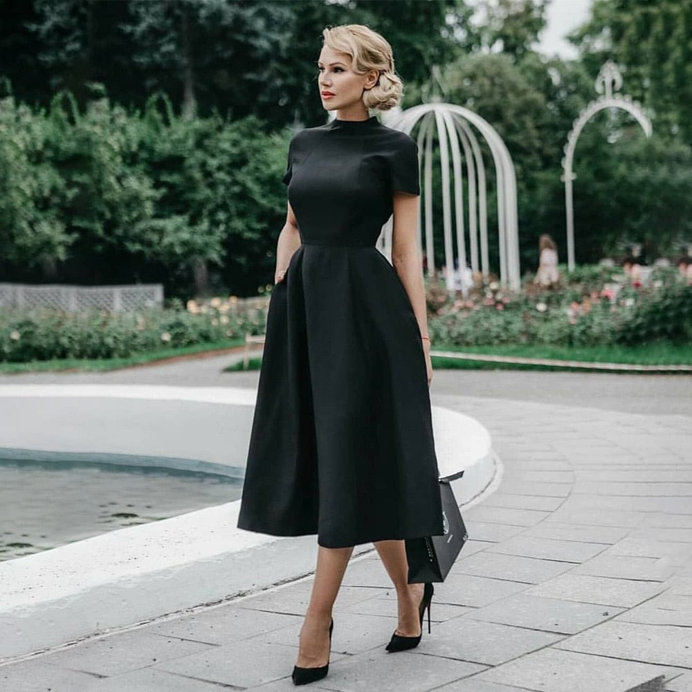 Women Elegant Black Shirt Dress Half High Collar High Waist A-Line Dresses Slim Fit Midi Dress Office Lady Female Solid Vestidos