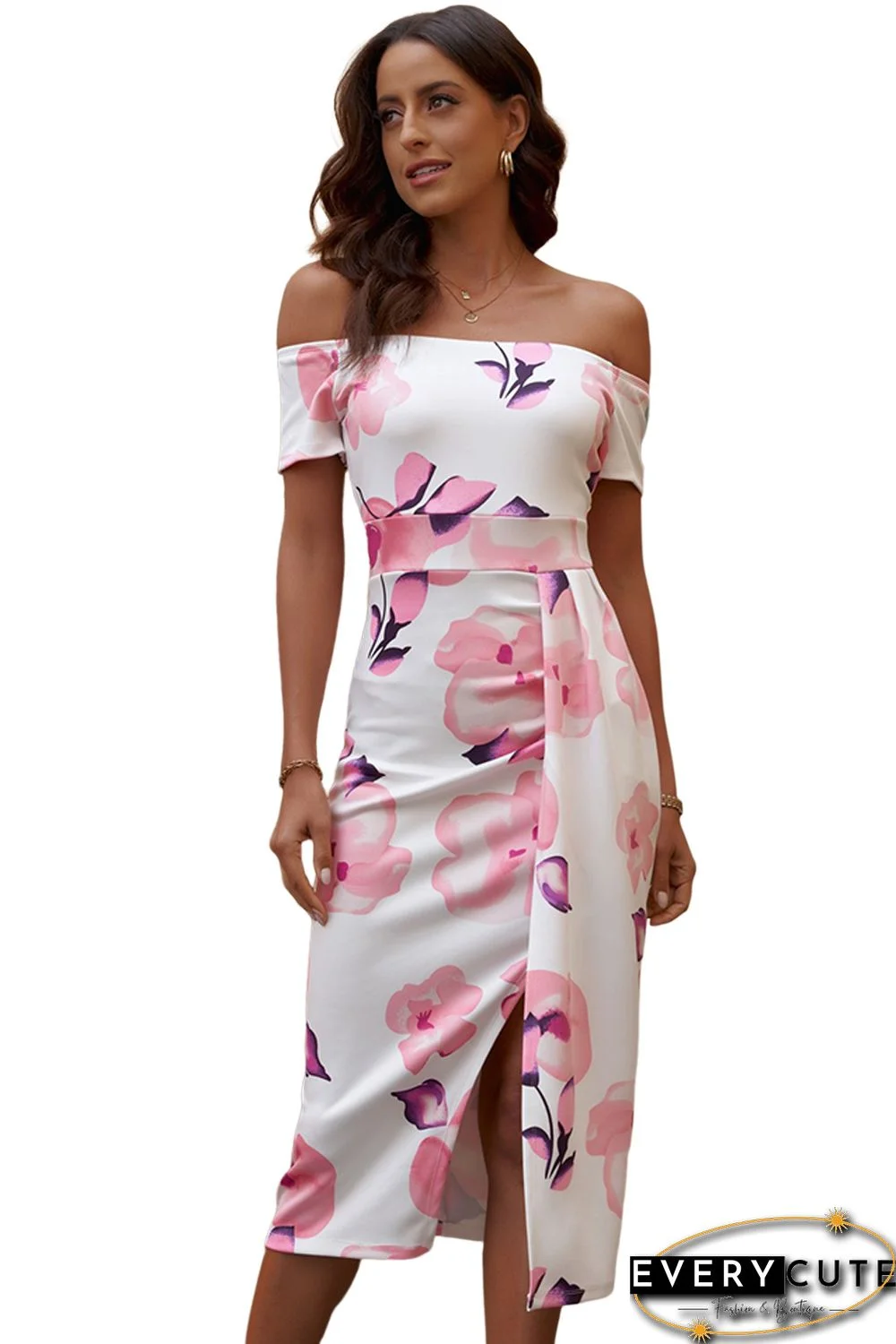 Pink Floral Print Off Shoulder Slit Bodycon Midi Dress