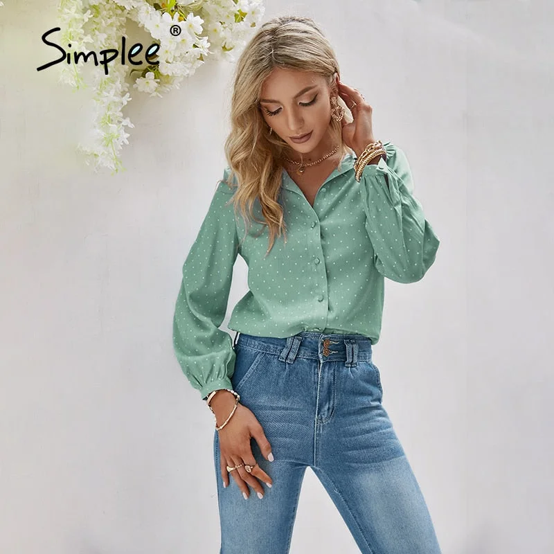 Simplee Casual polka dot women denim shirt spring Ruffled puff sleeves blouse button Fashion lady doll collar top chic new 2021
