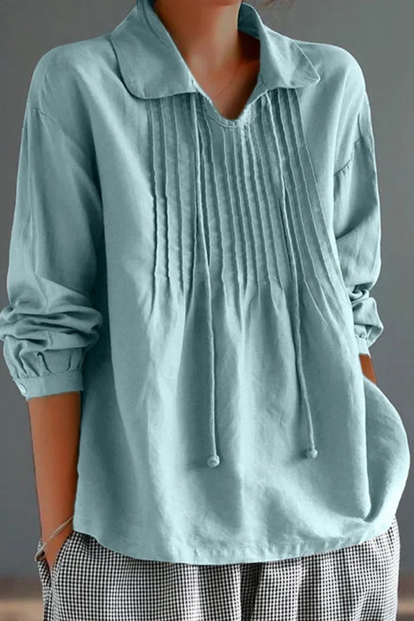 Women's Cotton Lapel Ruffle Tie Long Sleeve Loose Matching Shirt