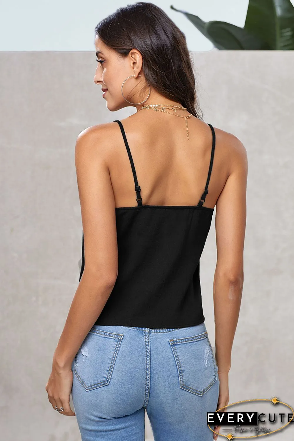 Black Buttoned Knot Front Slip Tank