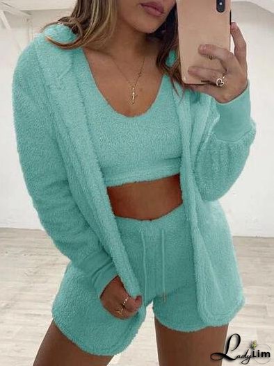 Sets Plush Coat Vest Shorts Long Sleeve Three-Piece Suit for Women