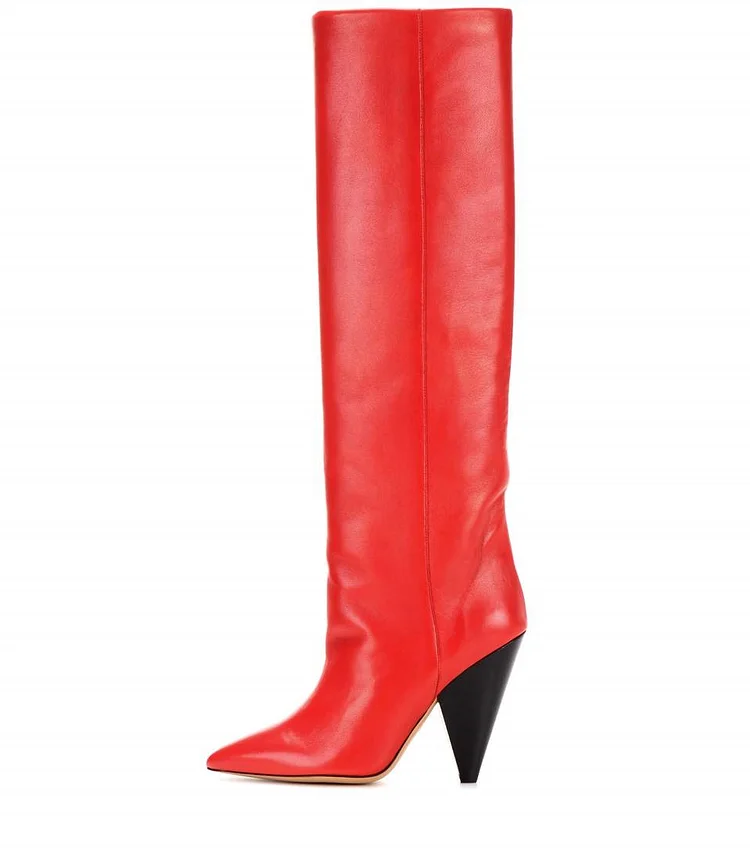 Red Pointy Toe Cone Heels Knee-high Long Boots |FSJ Shoes