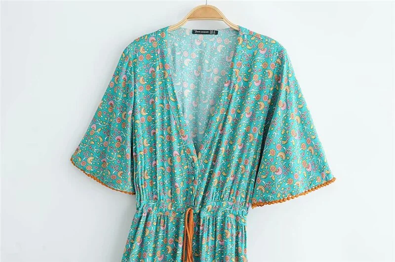 2021 Women's New High Waist Printed Boho Dress Spring Summer Vintage Printed V-neck Beach Vacation Long Floor Dress
