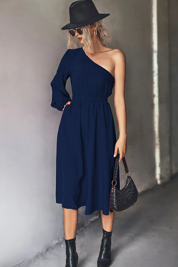 One-Shoulder Side Slit Puff Sleeve Dress