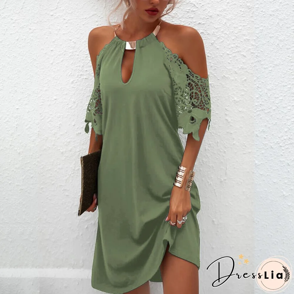 Women's Fashion Sexy Dress Evening Party Mini Dress Strapless Dresses Up Short Sleeve Lace Dew Shoulder Halter Neck Solid Color