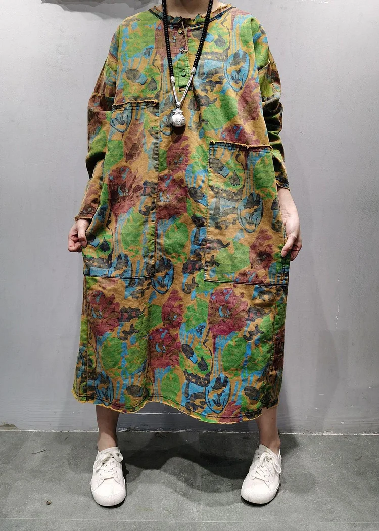 Handmade Green U Neck Patchwork Maxi Dresses Spring Dress