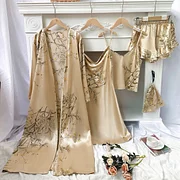 Areship Pink Print Flower 5PCS PAJAMAS SET Ice Slik Satin Home Clothing Robe&skirt&top&shorts Summer New Lingerie Lady Sexy Nightwear
