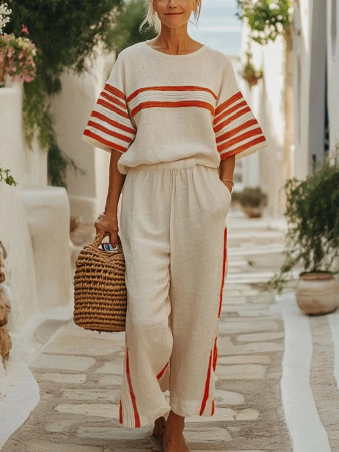 Women'S Casual Cotton And Linen Holiday Stripe Pattern Print Top And Pants Set 