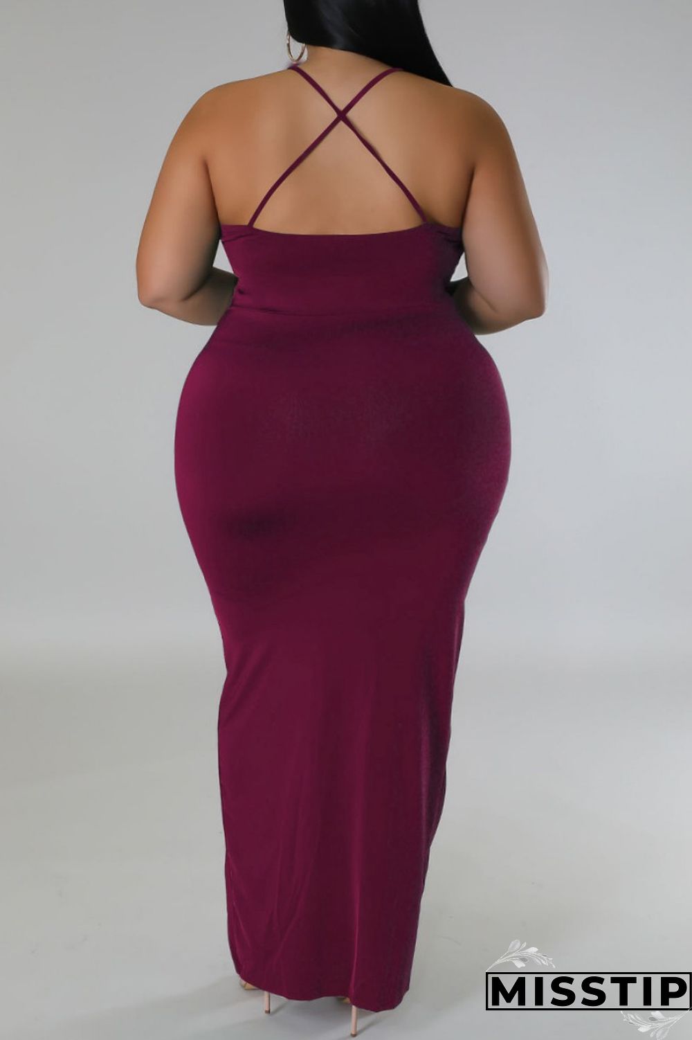 Purple Sexy Solid Patchwork Backless V Neck Sling Dress Plus Size Dresses