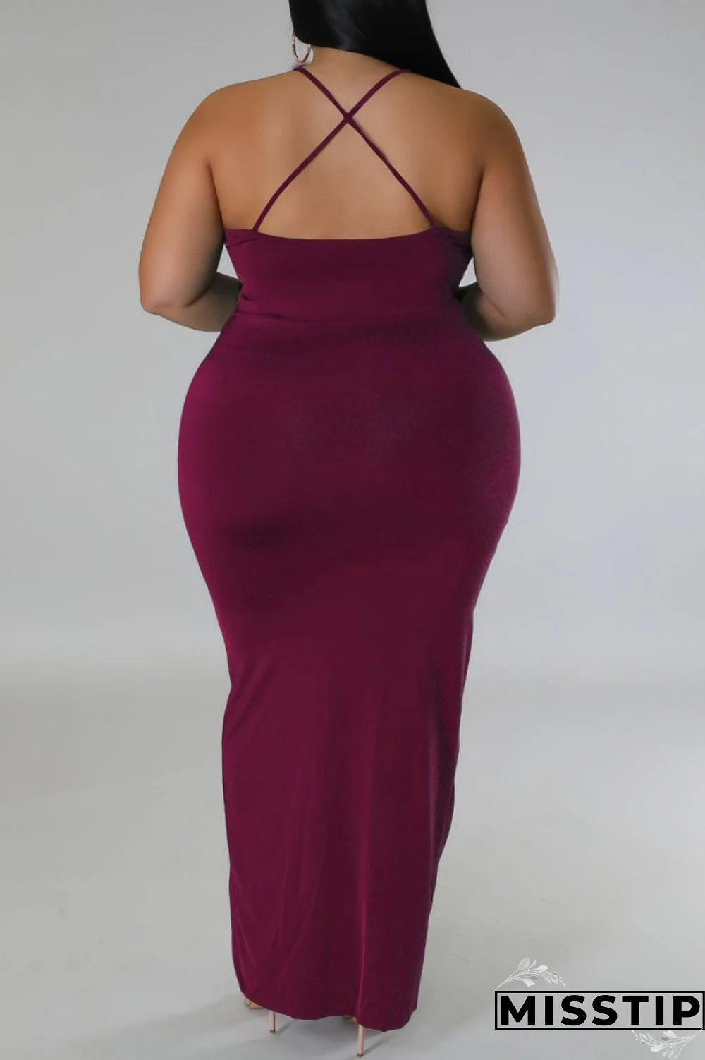 Purple Sexy Solid Patchwork Backless V Neck Sling Dress Plus Size Dresses