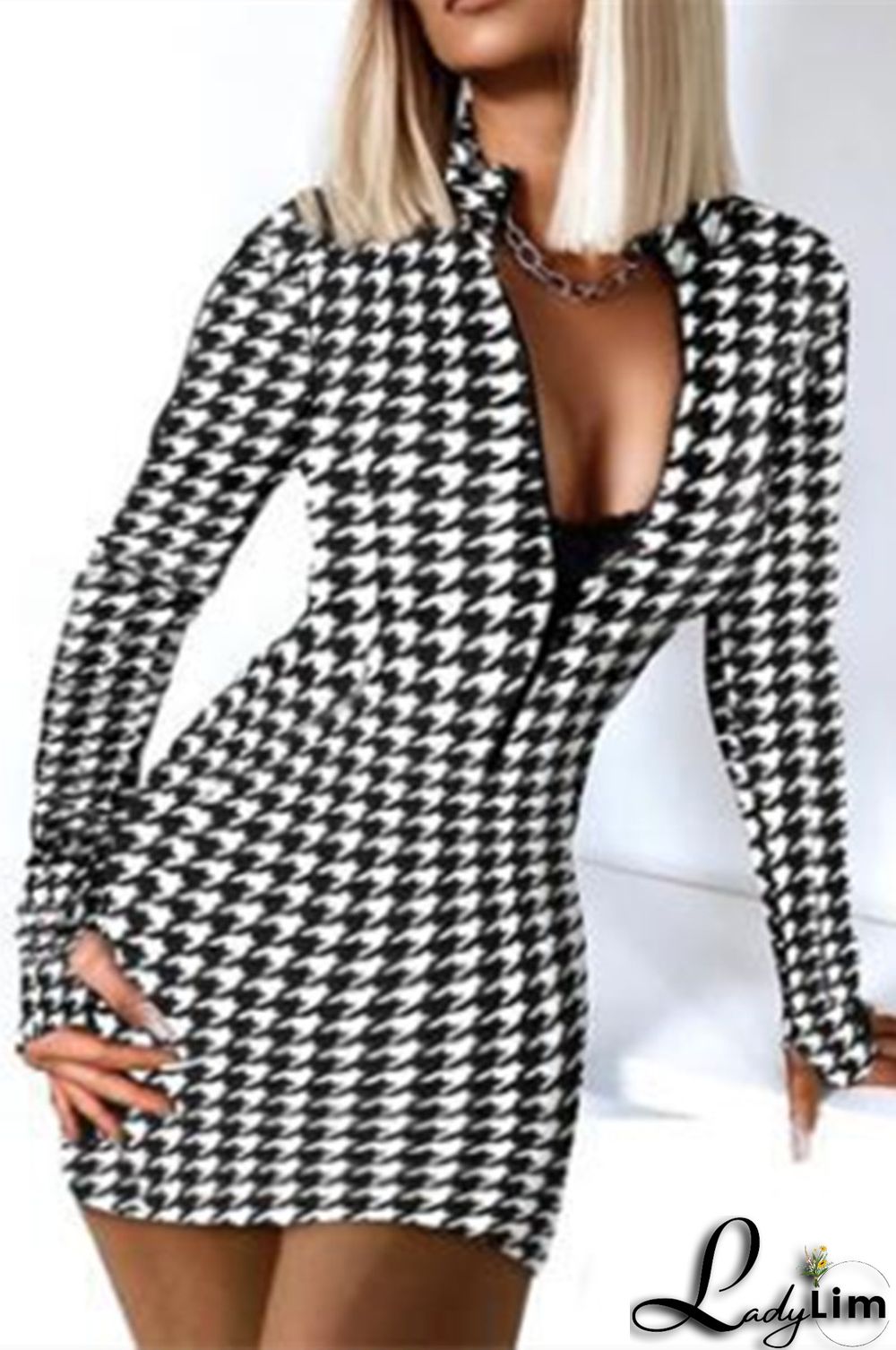 White Fashion Casual Print Basic Zipper Collar Long Sleeve Dresses