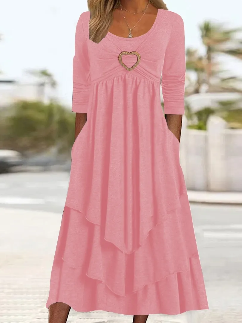 Women's Plain Regular Fit Crew Neck Pockets Casual Midi Dress