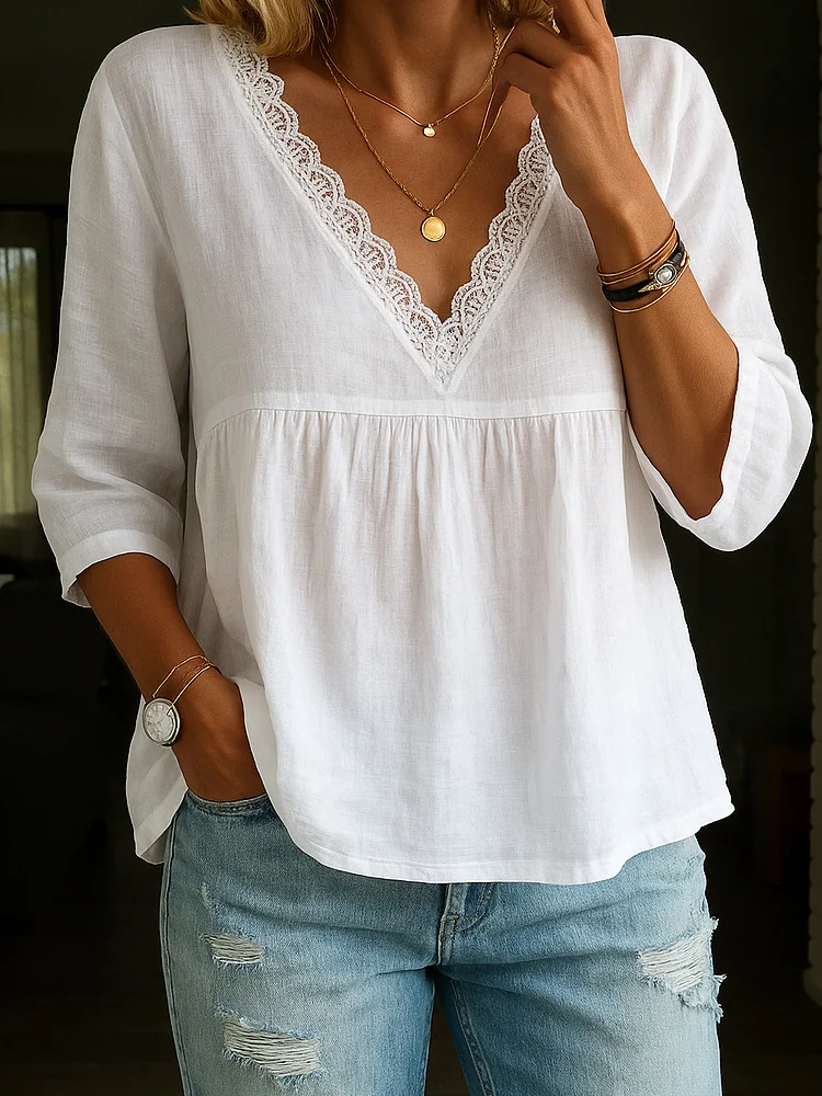 Women's Casual Seven-quarter-sleeved Lace V-neck Pullover Multi-color Shirts
