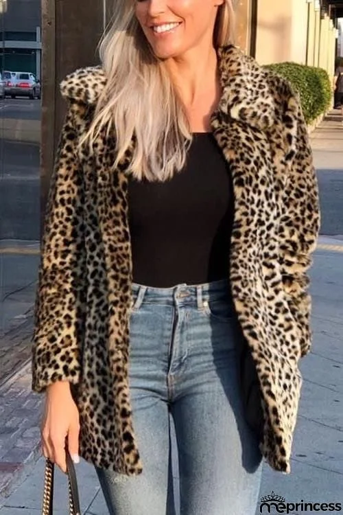 Pockets Leoaprd Faux Fur Lapel Coat