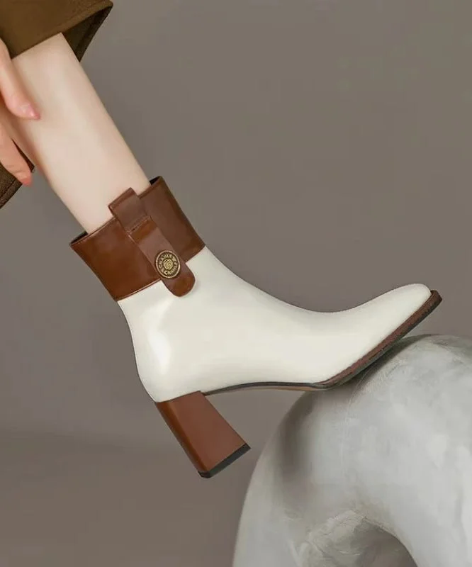 White Chunky Cowhide Leather Classy Splicing Boots
