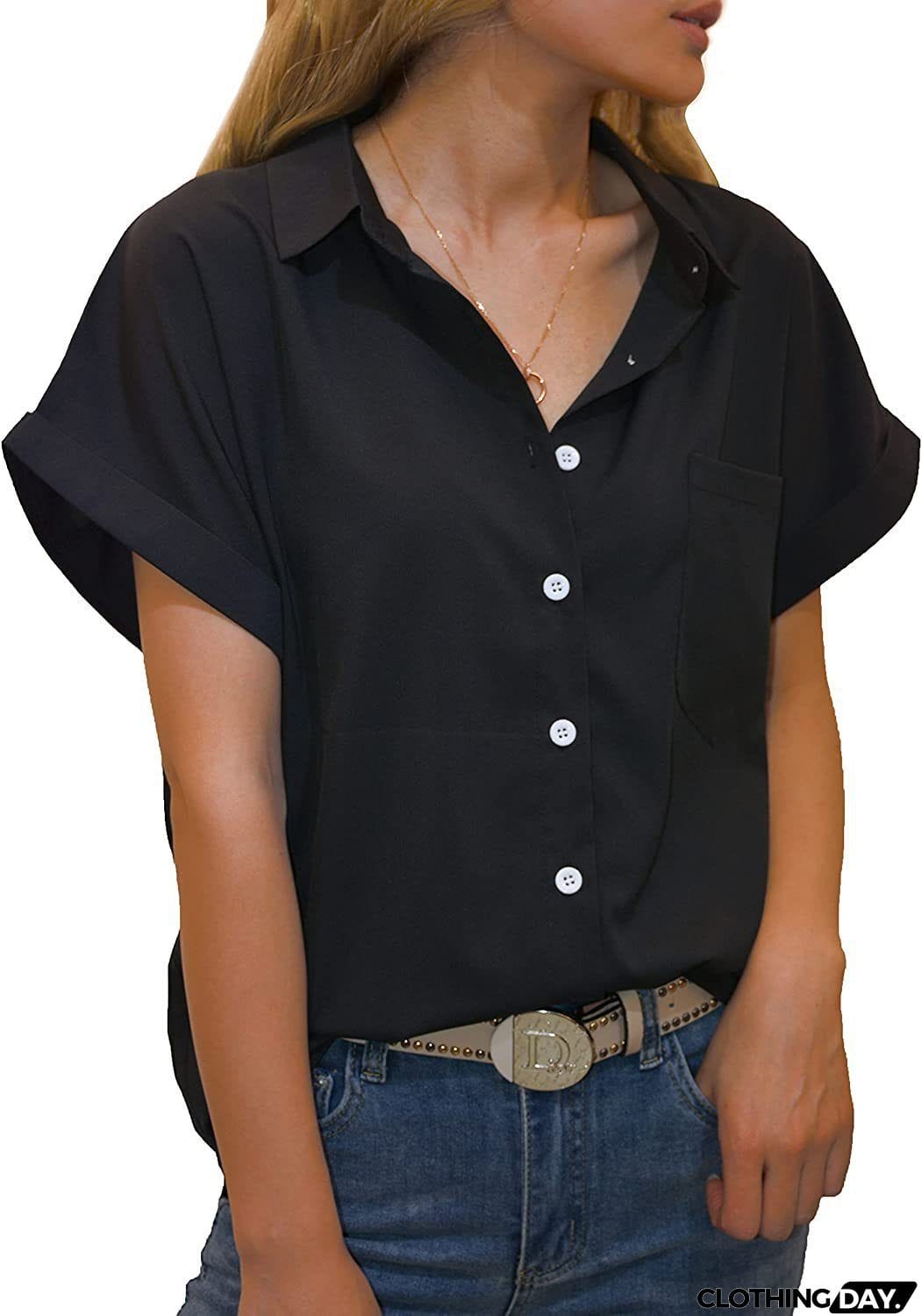 Women's Short-sleeved T-shirt V-neck Button-up Blouse