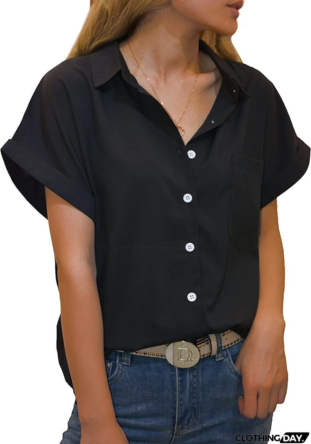 Women's Short-sleeved T-shirt V-neck Button-up Blouse