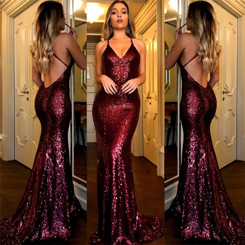 Sequins Burgundy Backless Evening Dress | Ballbellas