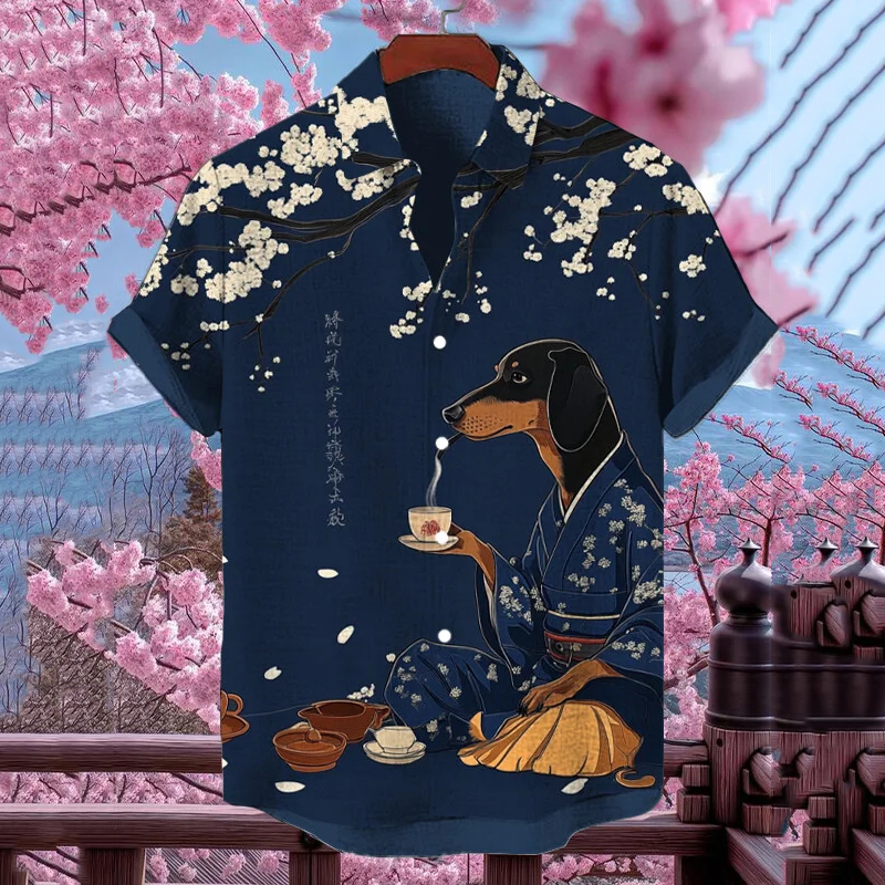 Men's Japanese Cherry Blossom Dachshund Swordsman Art Print Casual Shirt